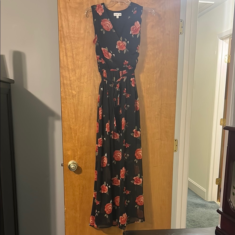 Floral Black and Red tie waist Dress